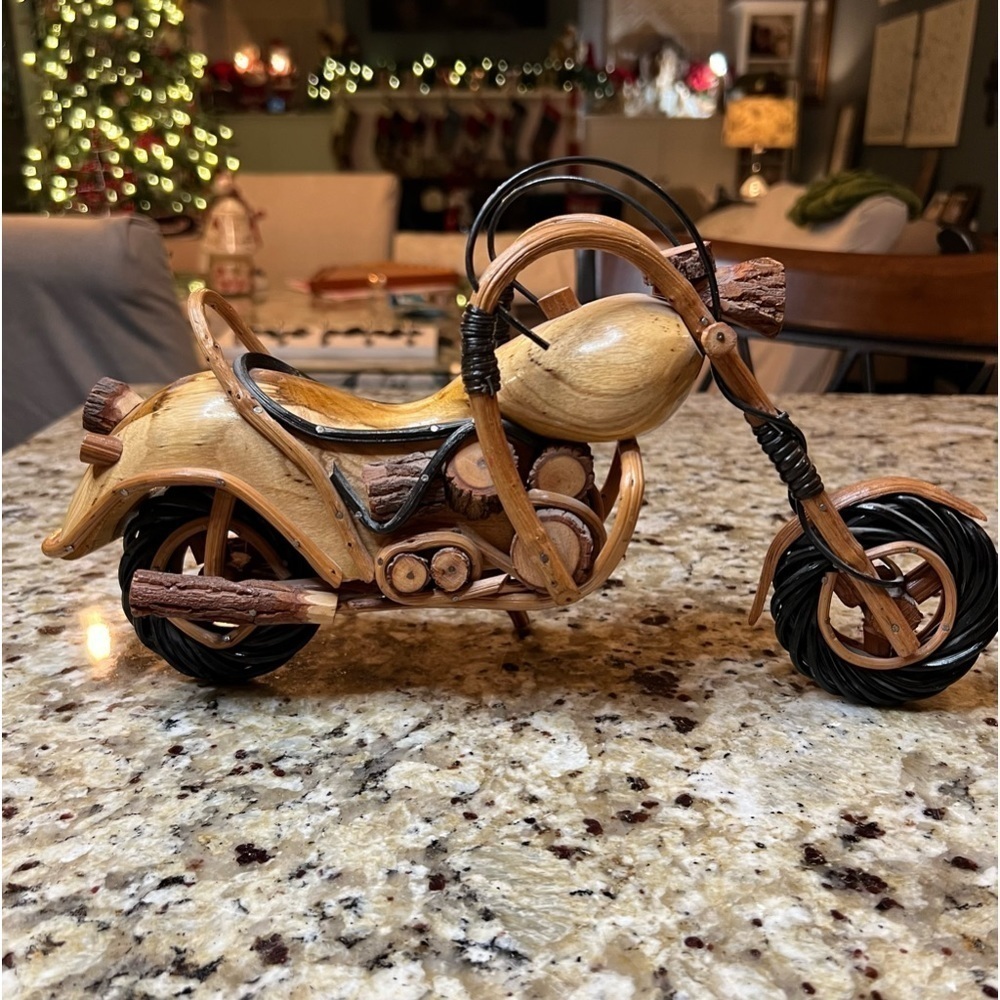 Wood Motorcycle Figurine Handmade Wooden Chopper Style Model Harley 12”x3”